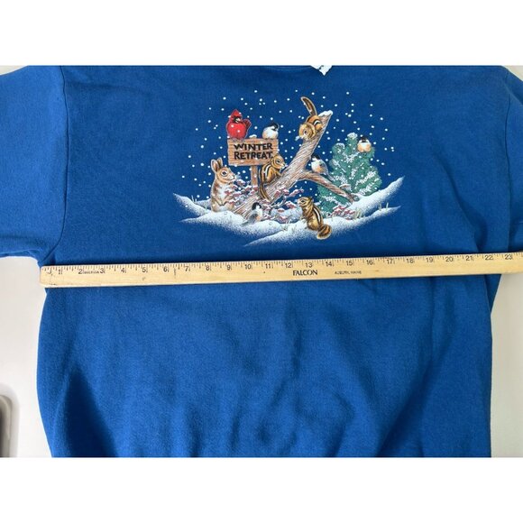 VTG Sz XL Collared Sweatshirt Grannycore Winter Forest Bird Chipmunk Cardinal - Picture 10 of 10
